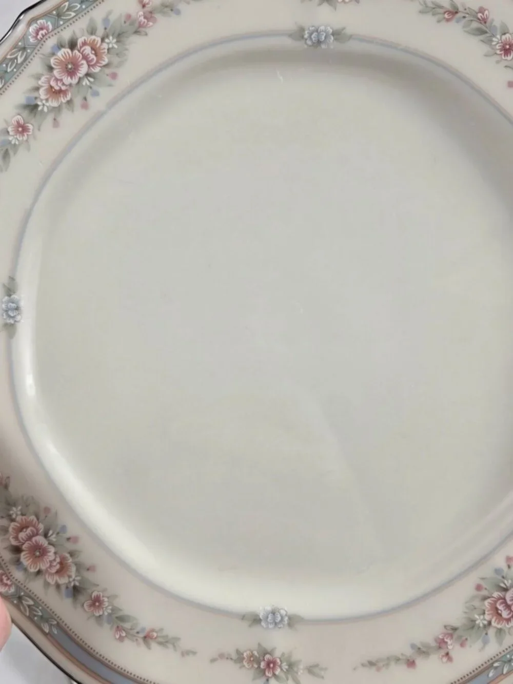 TWO Noritake Rothschild Dinner Plates Ivory Blue Band with Pink Flowers